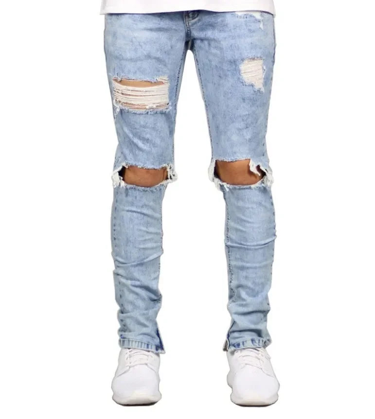 European and American High Street Men's Fashion Ripped Jeans with Zipper At The Ankle, Slim-fit, Spring and Summer Style.