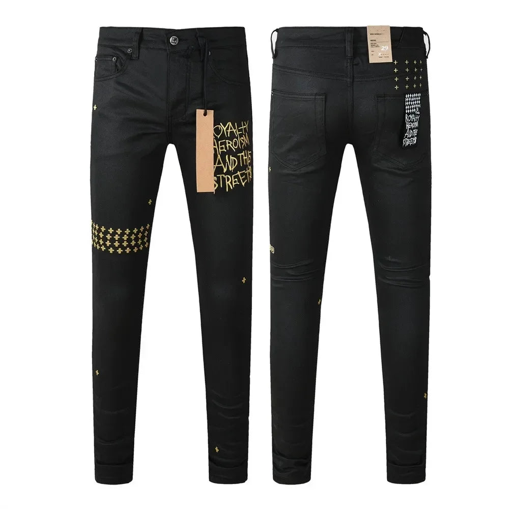 New Jeans American High Street Men Retro Wash Black Letter Embroidery Low Rise Elastic Skinny Pleated Ripped Frayed Pants Brand