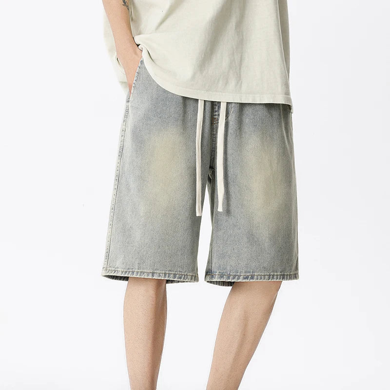 Casual Denim Shorts Men Elastic Waist Straight Comfortable Light Blue Soft Short Pants Baggy Wide Bermuda Male Jeans