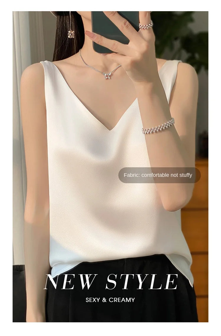 2024 New Silk Satin Women's Tank Top Basic V-neck Multi Color White Black Women's Sleeveless Top Summer Sexy Bottom
