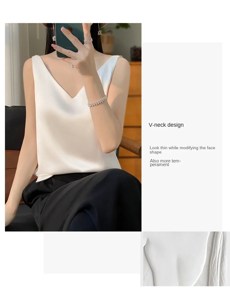2024 New Silk Satin Women's Tank Top Basic V-neck Multi Color White Black Women's Sleeveless Top Summer Sexy Bottom