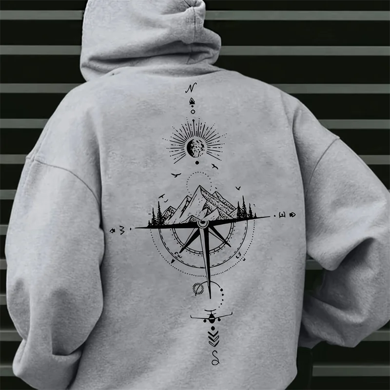 Vintage Compass Print Hoodies for Men High Quality Hooded Long Sleeve Pullover All Season Daily Casual Sports Tops Men's Clothes
