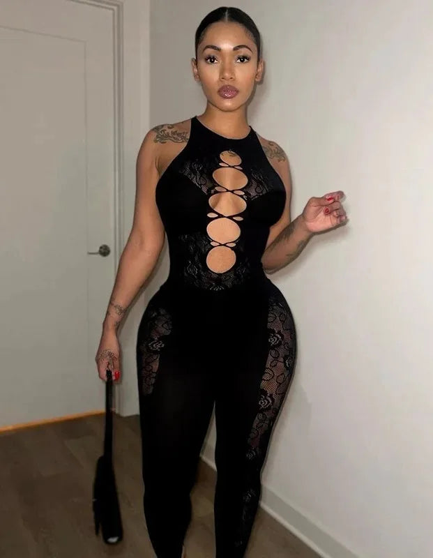 European American Style Spring Women's Fashion Sexy Print Transparent Mesh Shirt Solid Color Hollow High Elastic Tight Jumpsuit