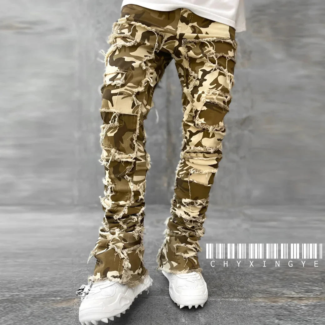 New European Camo Pants Men High Street Slim Fit Stretch Patched Denim Ripped Male's Stacked Jeans Men's camouflage jeans