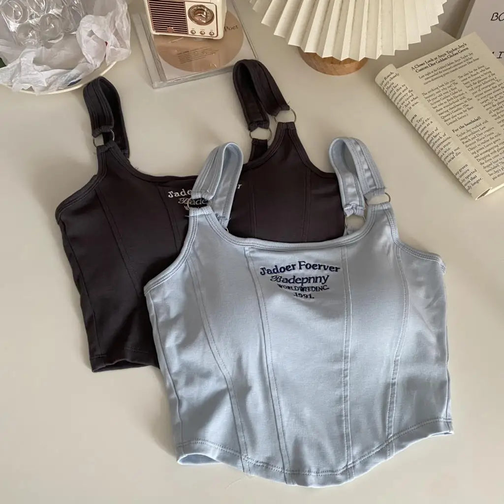Women Embroid Letter Tank Tops With Bra Pad Casual Camis Y2K Crop Tops For Women Shoulder Belt Iron Ring Tank Tops