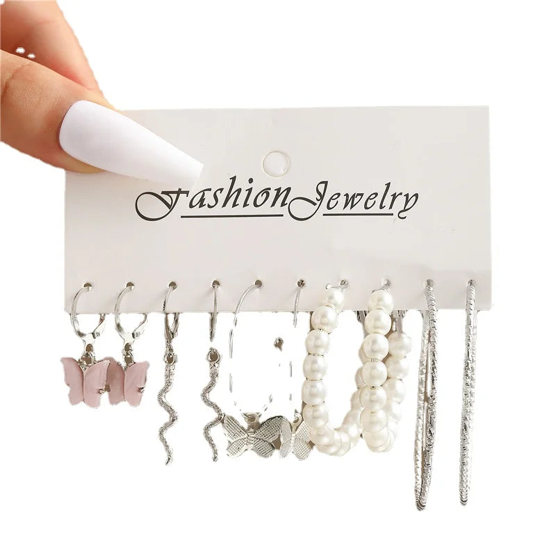 Trendy Silver Color Butterfly Hoop Earrings Set for Women Girls Geometric Irregular Metal Resin Acrylic Earrings Jewelry
