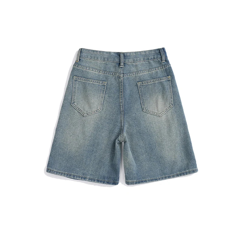 Men Blue Ripped Denim Shorts Summer New American High Street Casual Loose Zipper Pants Fashion Versatile Wide-Leg Trousers