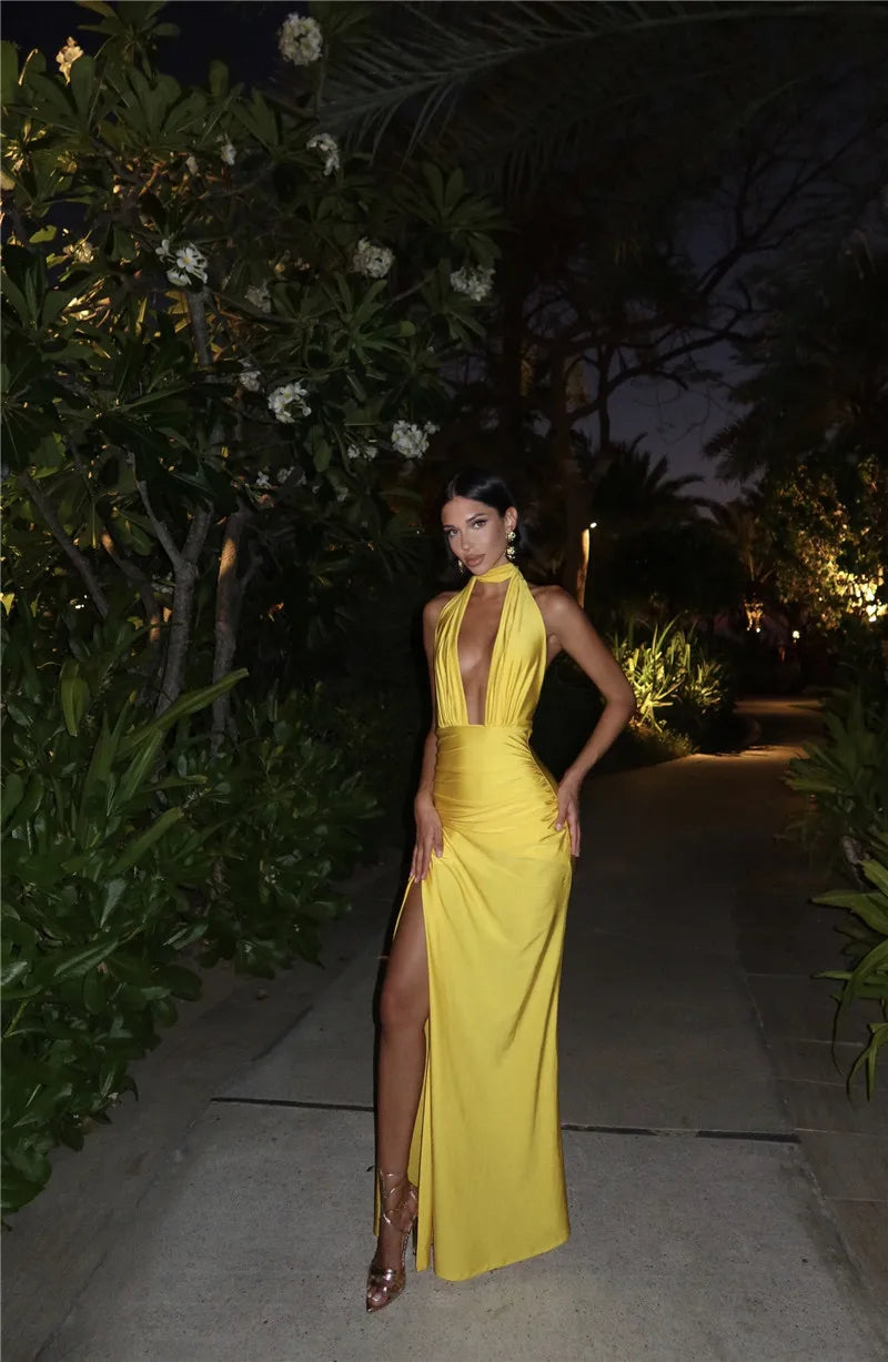 Mozision Halter Deep V Neck Backless Sexy Maxi Dress For Women Fashion Solid Sleeveless Bodycon Club Party Evening Long Dress