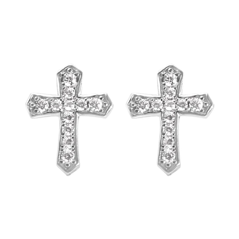 2024 New Rhinestones Cross Earrings for Men Personality Hip-Hop Pair Stainless Steel Stud Earrings Male Women's Party Jewelry