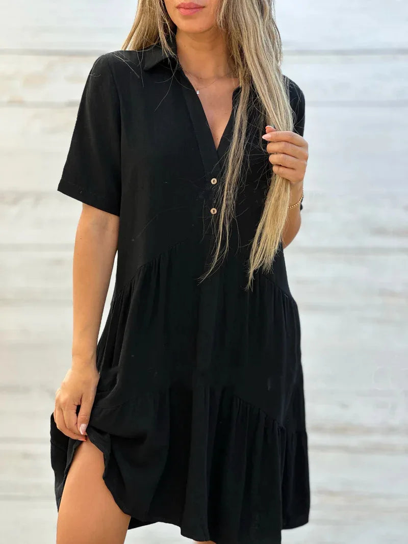 Fashion Short Sleeve White Cotton Linen Dress Women 2024 Summer Loose Casual Buttons Comfortable Dresses For Women Robe Femme