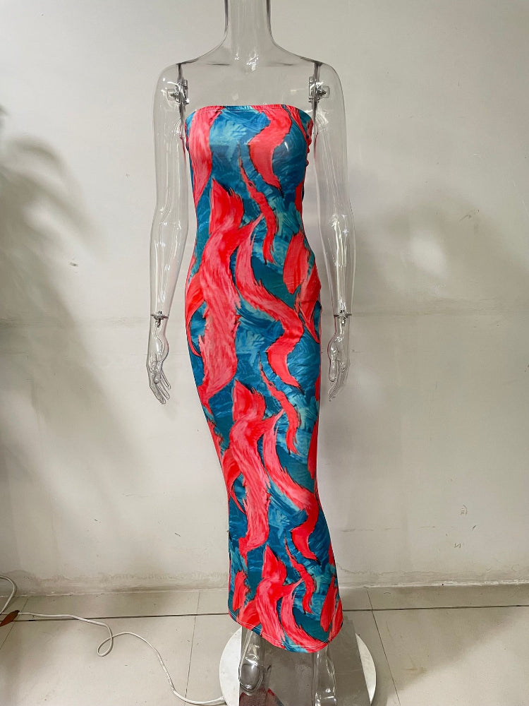 Sexy Boho Style Colorful Striped Tie-dyed Long Maxi Dress Women Strapless Sleeveless Bodycon Dress Elegant Club Party Vestidos