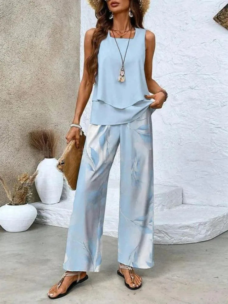 Elegant Square Collar Top Wide Leg Pants Two-piece Set 2025 New Women's Sleeveless Double-layer Vest Pants Set Woman Rompers