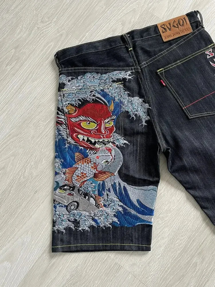 Streetwear Japanese Denim Shorts Y2K Jeans Mens Womens Harajuku Hip Hop Cartoon Baggy Shorts High Waist Casual Shorts