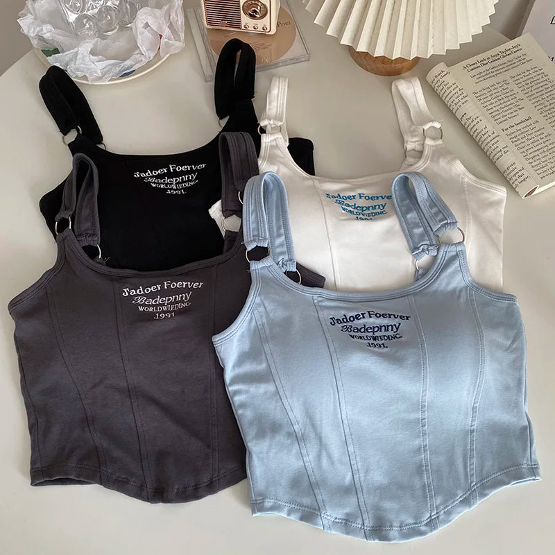 Women Embroid Letter Tank Tops With Bra Pad Casual Camis Y2K Crop Tops For Women Shoulder Belt Iron Ring Tank Tops