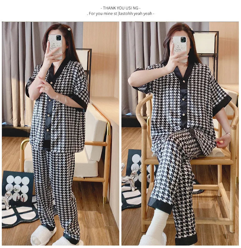 Pajamas Women Ice Silk Cardigan Short Sleeve Long Pants Fashion Casual Silk Wearable Homewear Green Letter Suit