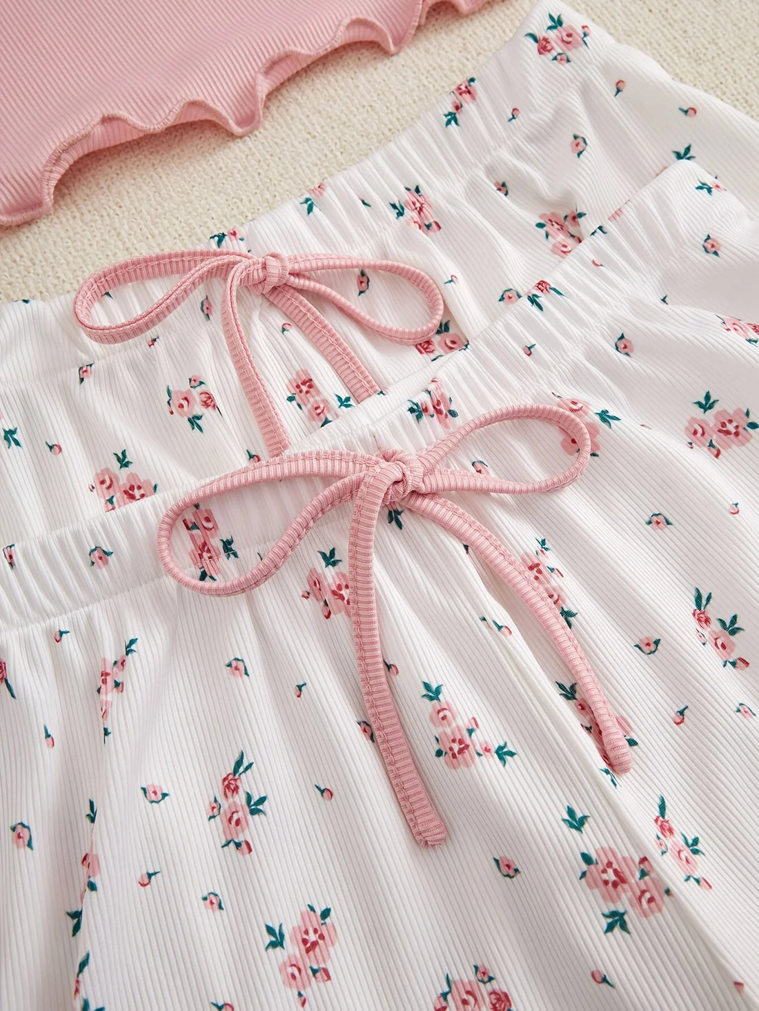 Summer 3-PCS Women's Pajamas Set with V-Neck Knitted Lace Suspender Floral Print Shorts Paired with Pants Casual Sleepwear