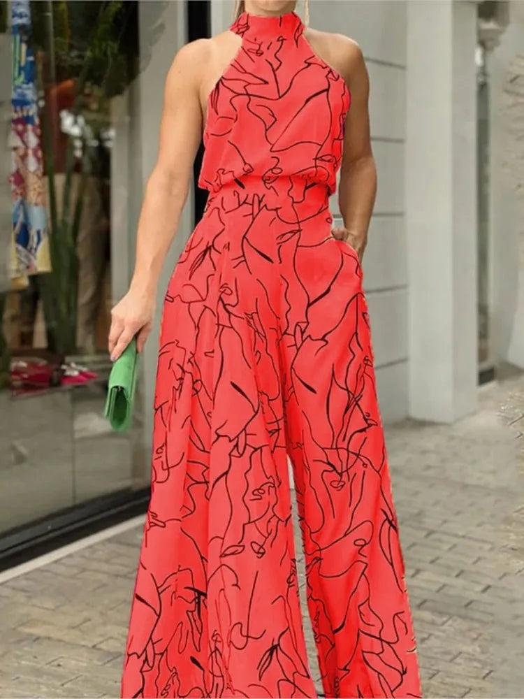 Women's New Fashion Round-neck Sexy Printed Jumpsuit Trousers Simple Sleeveless High Waist Tie Temperament Commuting Jumpsuit