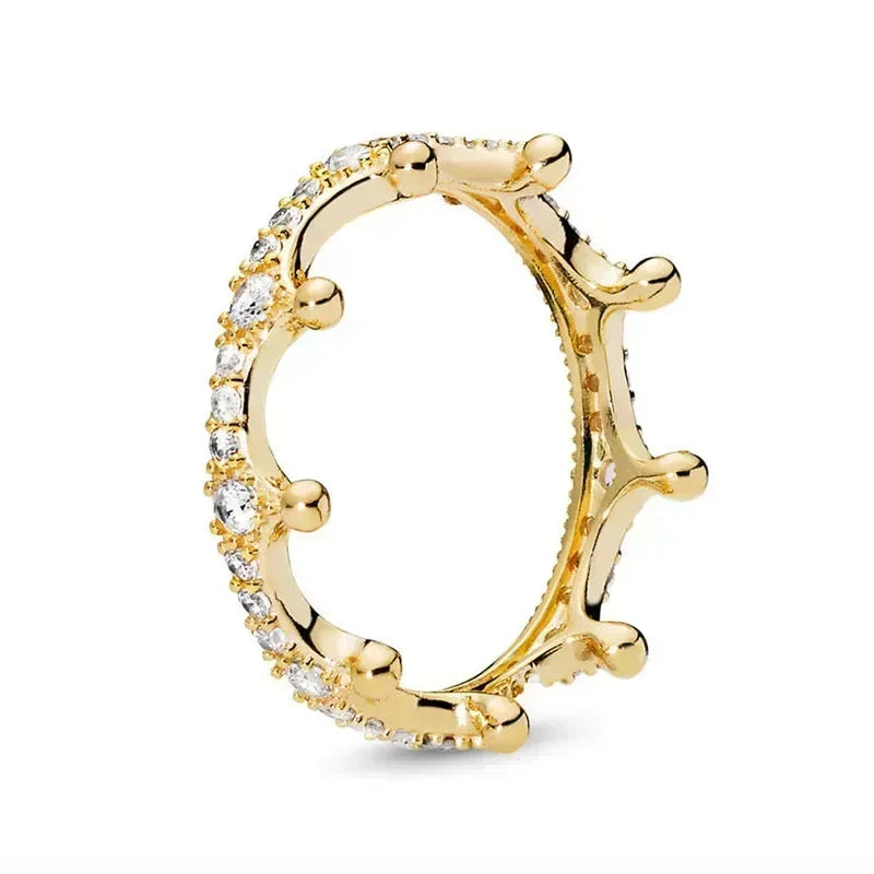 New 925 Sterling Silver Shiny Classic Gold Color Crown Bow Heart-shaped Rings Exquisite Luxury Charm Women's Jewelry Party Gifts