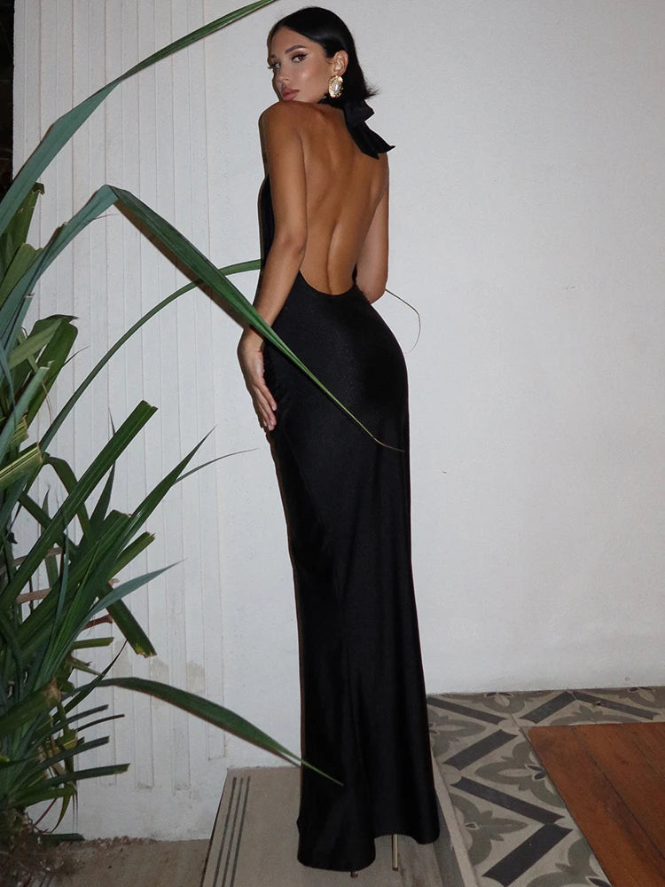Mozision Halter Deep V Neck Backless Sexy Maxi Dress For Women Fashion Solid Sleeveless Bodycon Club Party Evening Long Dress