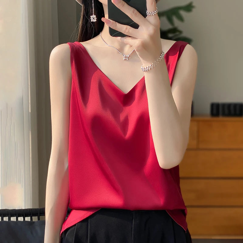 2024 New Silk Satin Women's Tank Top Basic V-neck Multi Color White Black Women's Sleeveless Top Summer Sexy Bottom