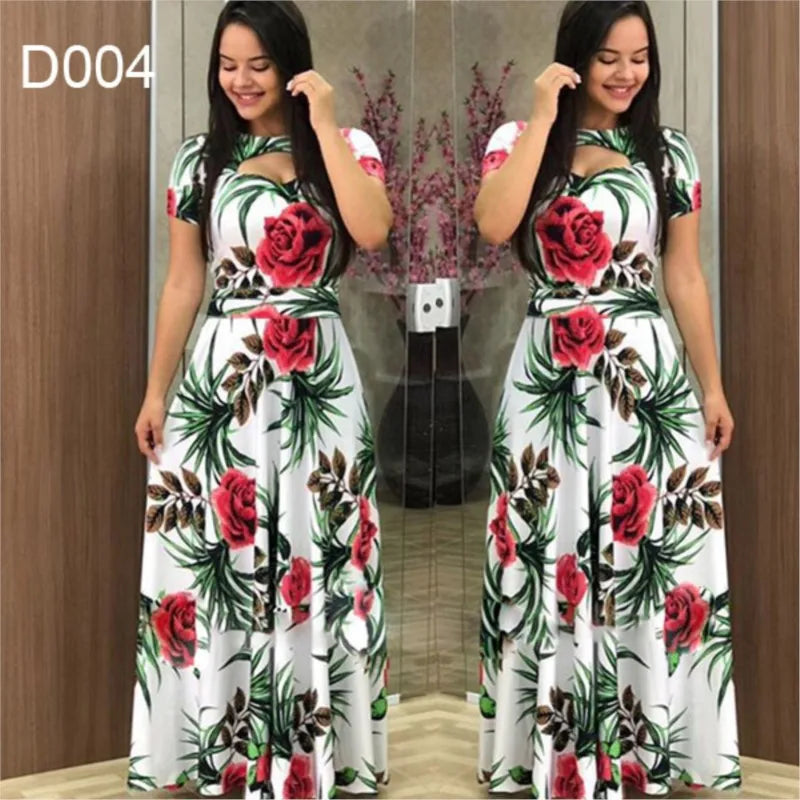 Elegant Spring Women's Dress Casual Fashion Floral Print Short Sleeve Super Long Dress 2023 New Fashion Hollow Out Long Dresses