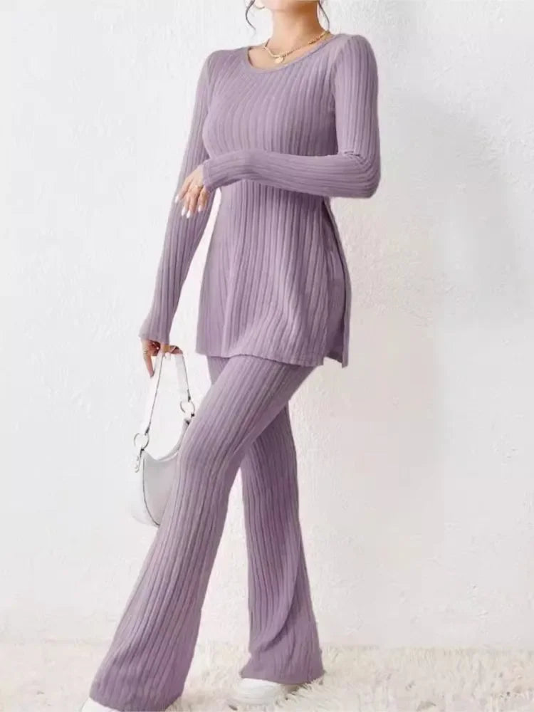 Autumn Winter Fashion Knit Suit 2024 Casual Loose Pullover+Elastic Long Pants Print Knitted Solid Two Pieces Sets Women Clothing