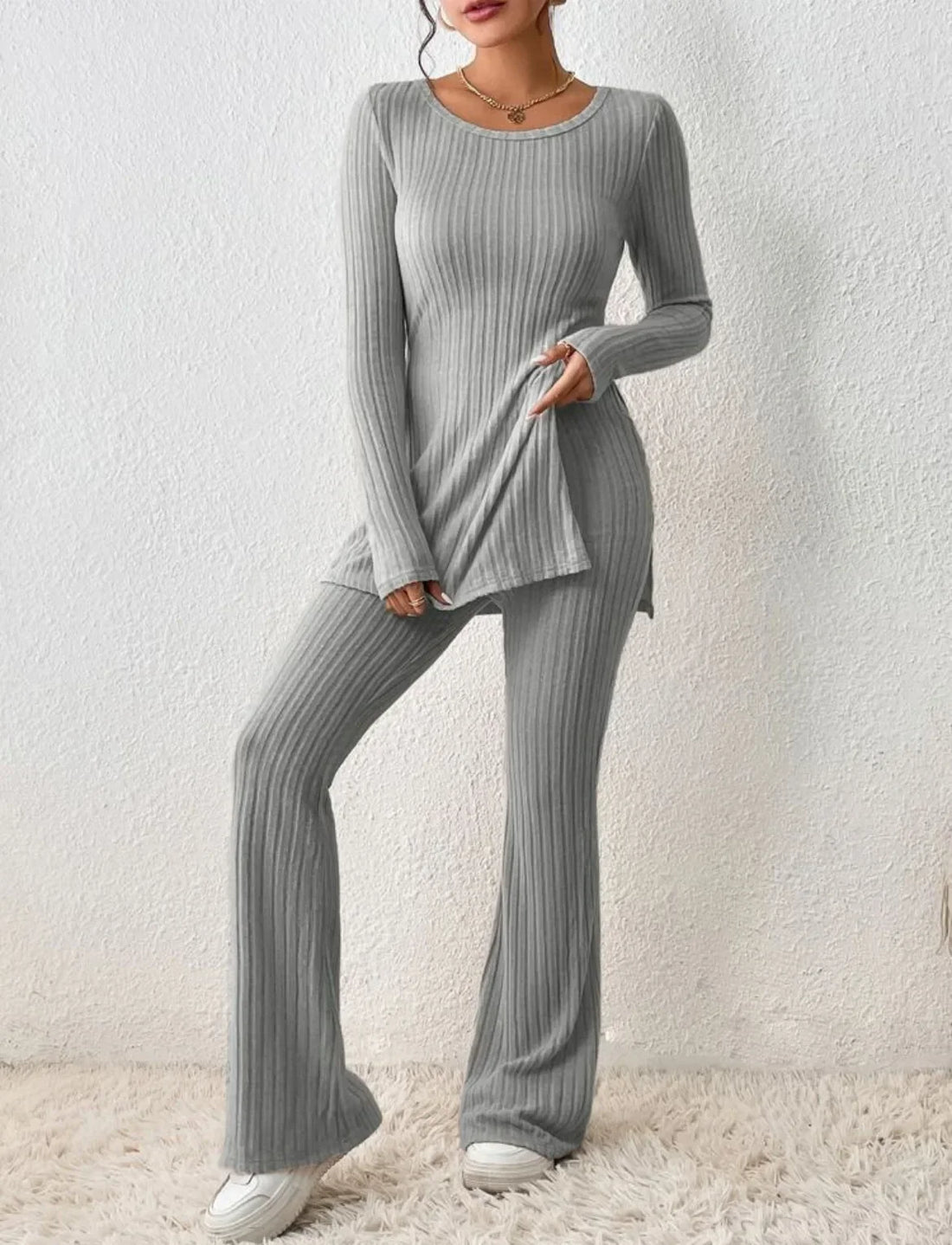 Autumn Winter Fashion Knit Suit 2024 Casual Loose Pullover+Elastic Long Pants Print Knitted Solid Two Pieces Sets Women Clothing