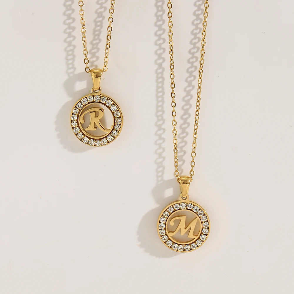 E.B.belle Hollow Round Zircon Paved 26 Alphabet Initial Necklace Ladies Elegant Birthday Gift 18K Gold Plated Letter Necklace