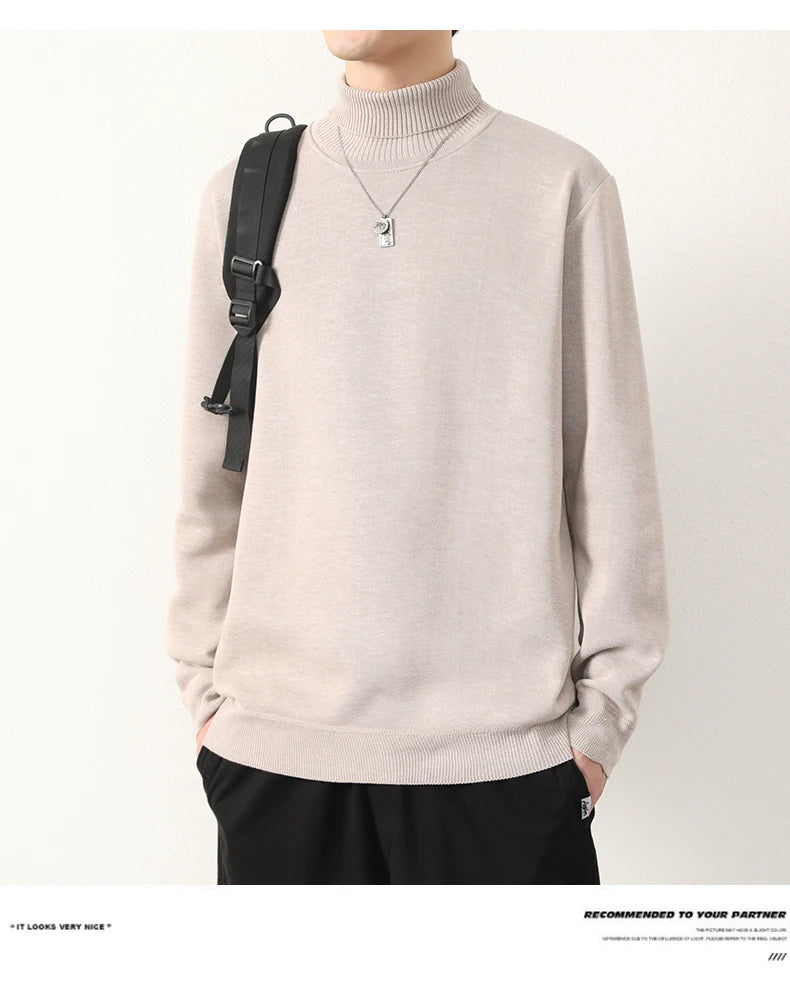 Mens Winter Sweater Thick Warm Knitwear Man Classic Solid Bottom Shirts Men's Pullover White Beige Korean Fleeced Clothes