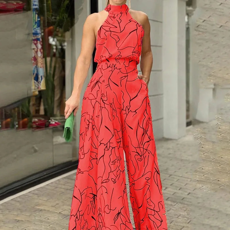 Women's New Fashion Round-neck Sexy Printed Jumpsuit Trousers Simple Sleeveless High Waist Tie Temperament Commuting Jumpsuit