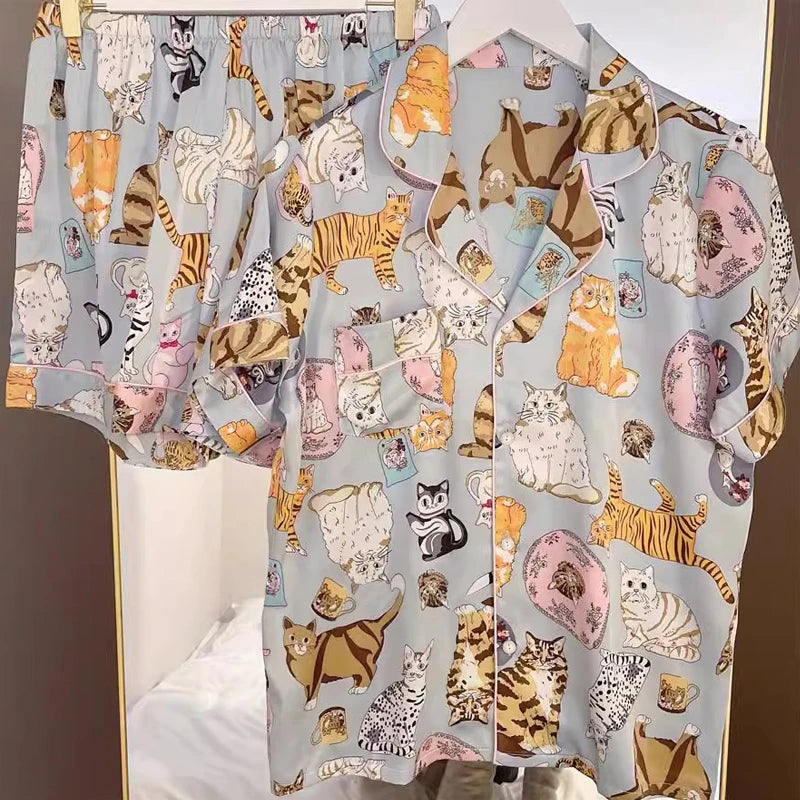 Cartoon Black Cat Cute Women Two-piece Pajamas Simulated Silk Summer Cool Short Lady Sleepwear 2024 New Classic Female Housewear