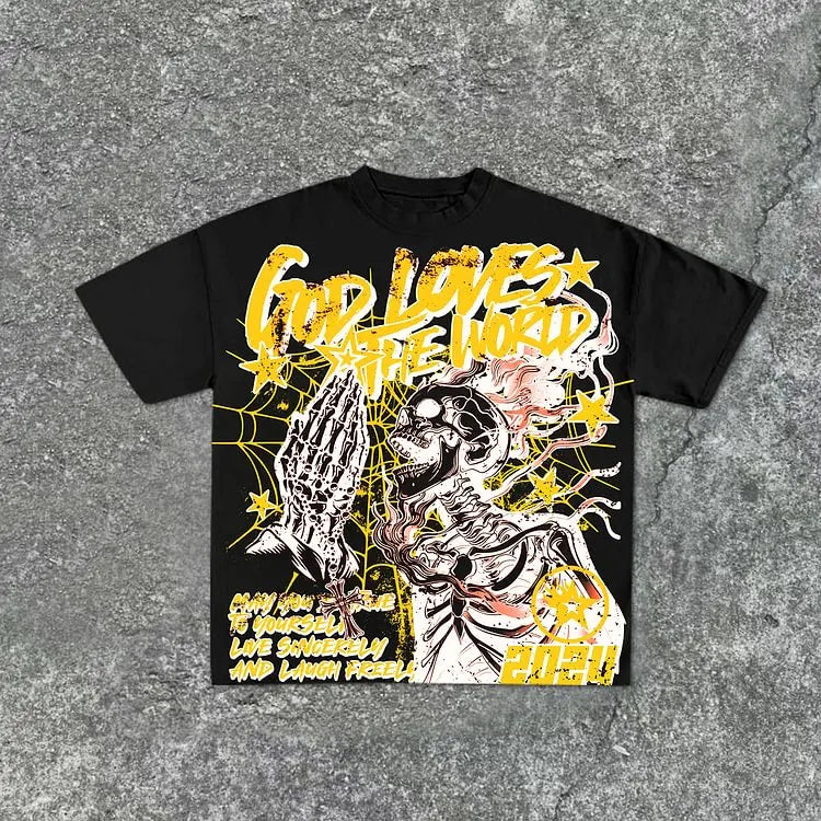 Casual Short Sleeve God Loves The World Graphics 100% Cotton T-Shirt Men Summer Y2K Vintage Oversize Tshirt Streetwear Women Top
