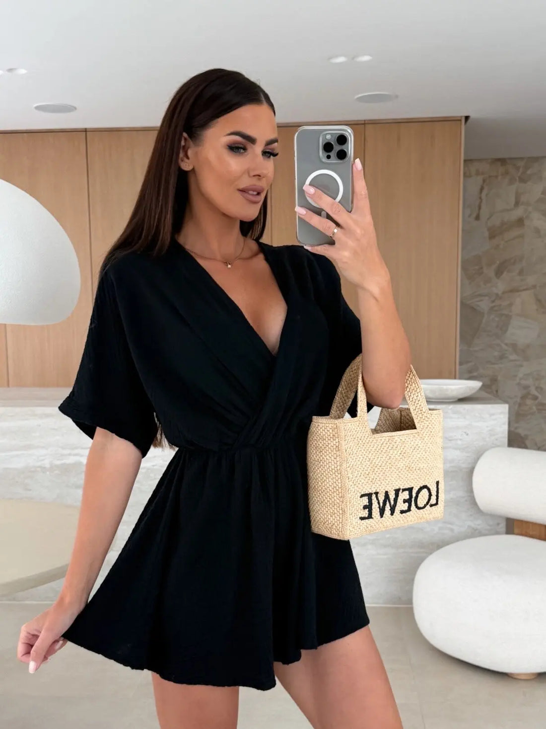 Summer Women's Jumpsuit Short Sleeved V-neck Fashionable Casual Waist Cinched Solid Color Jumpsuit