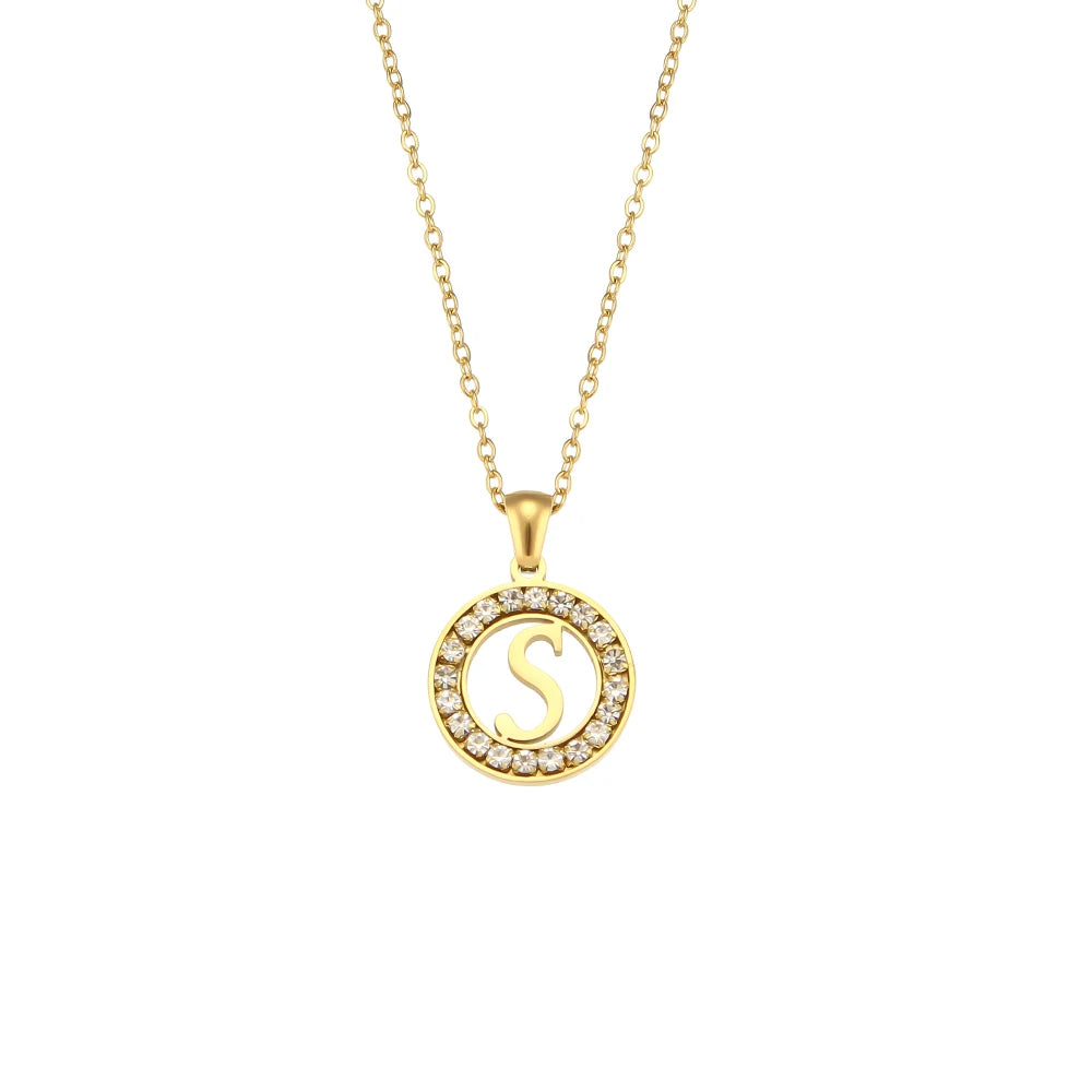 E.B.belle Hollow Round Zircon Paved 26 Alphabet Initial Necklace Ladies Elegant Birthday Gift 18K Gold Plated Letter Necklace