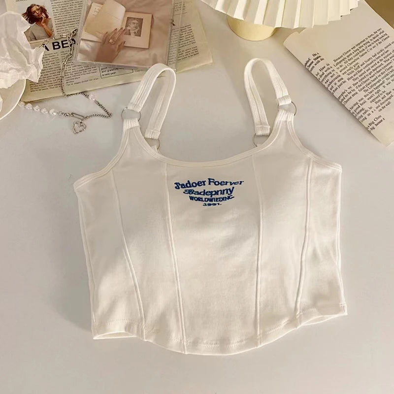 Women Embroid Letter Tank Tops With Bra Pad Casual Camis Y2K Crop Tops For Women Shoulder Belt Iron Ring Tank Tops