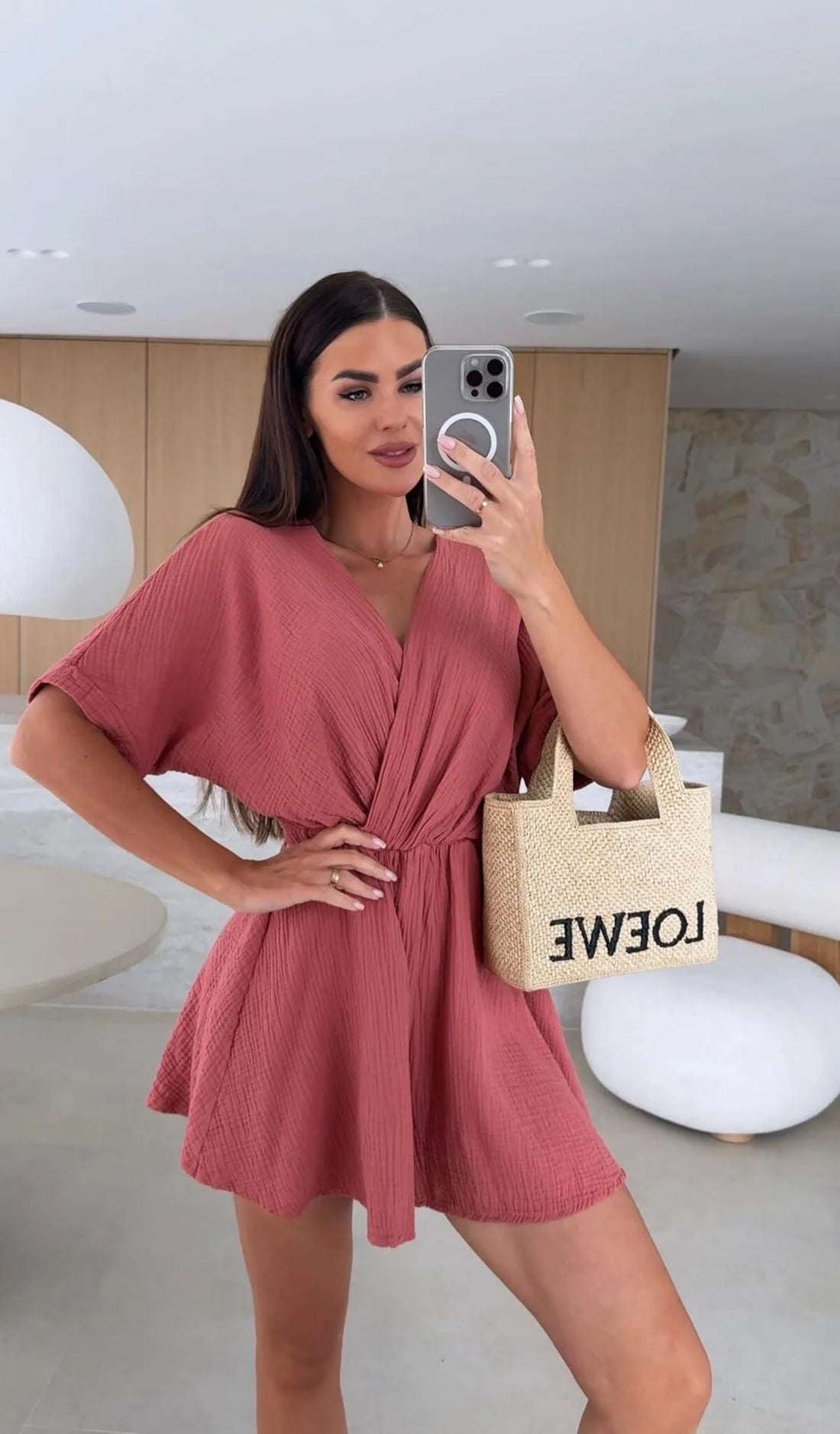 Summer Women's Jumpsuit Short Sleeved V-neck Fashionable Casual Waist Cinched Solid Color Jumpsuit