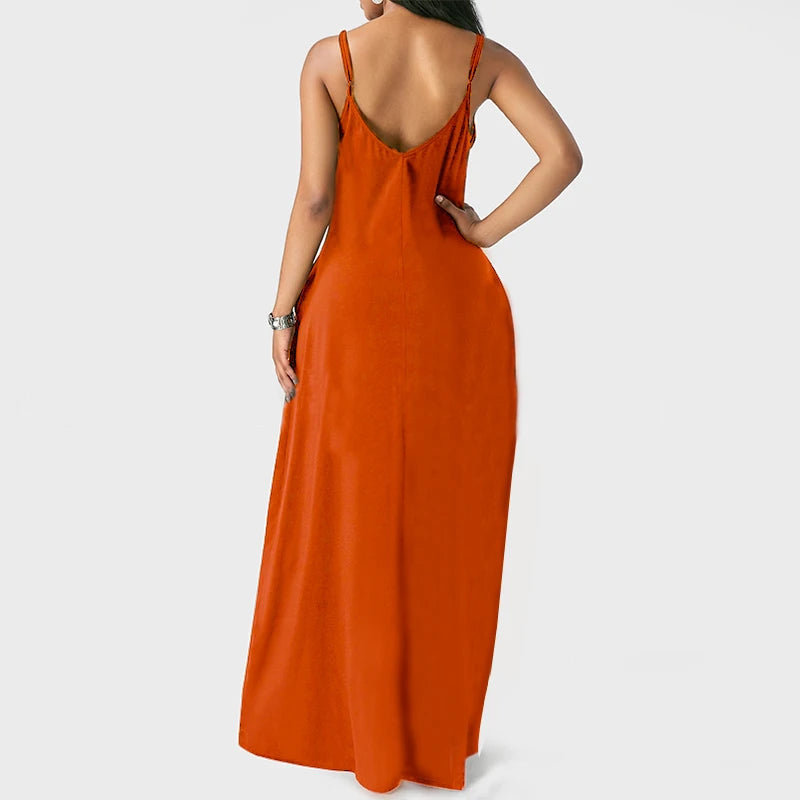 Women Pocket Long Dress Sexy V-Neck Sleeveless Loose Casual Dresses Summer Spaghetti Strap Solid Color Beach Maxi Dress S-5XL