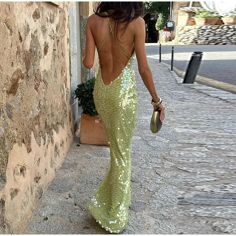 Sexy Sequins Backless Long Mermaid Dress Women Bodycon Halter Neck Sleeveless See Through Party Dresses 2024 Autumn Evening Gown