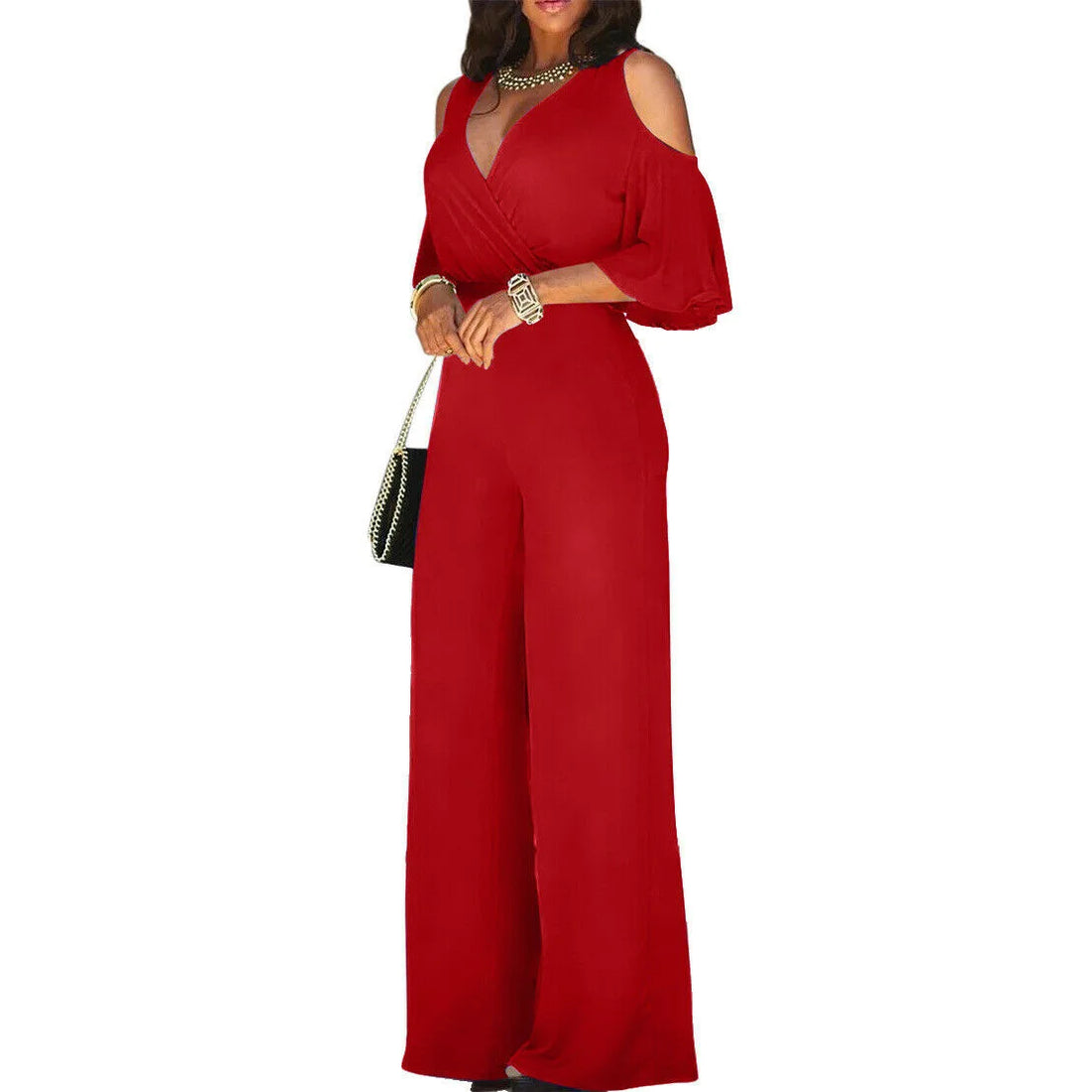 Spring Summer Solid Color Women Sexy Deep V Neck Short Sleeve Rompers Fashion Slim Fit Lace Up Elegant Female Wide Leg Jumpsuit