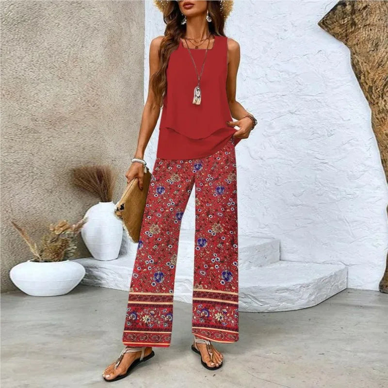 Elegant Square Collar Top Wide Leg Pants Two-piece Set 2025 New Women's Sleeveless Double-layer Vest Pants Set Woman Rompers
