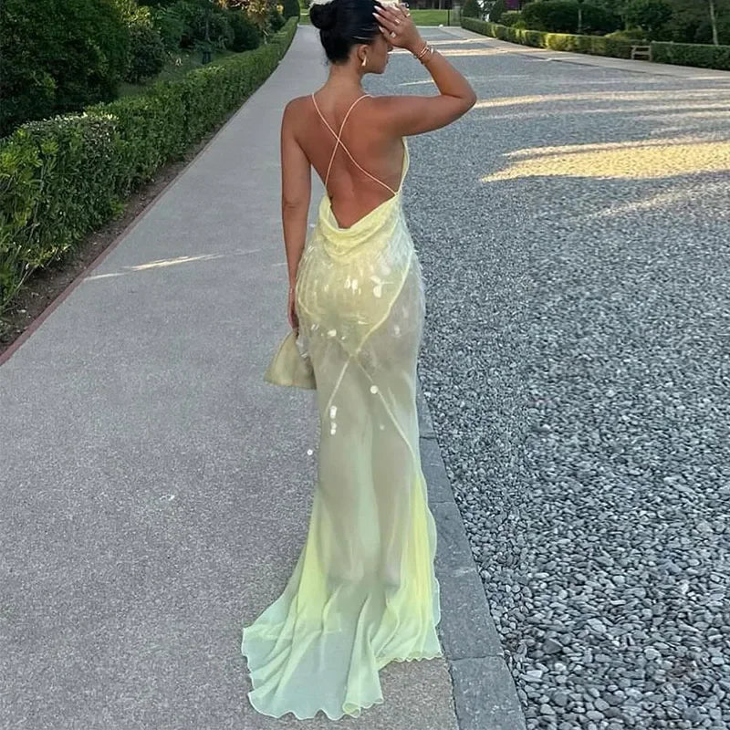 Sexy Sequins Backless Long Mermaid Dress Women Bodycon Halter Neck Sleeveless See Through Party Dresses 2024 Autumn Evening Gown