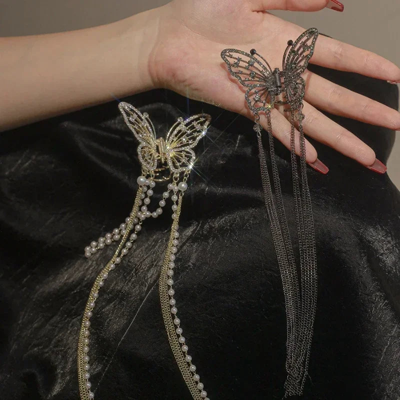 New Exquisite Rhinestone Butterfly Fringe Hair Claw Clips Korean Ponytail Braid Pearl Hairpin Girl Crab Metal Headdress Gift