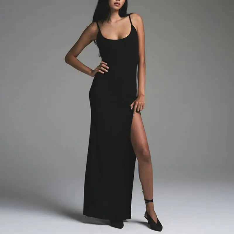 TRAF New versatile basic dress, halter high-slit dress, simple and elegant ankle-length dress, for date and vacation