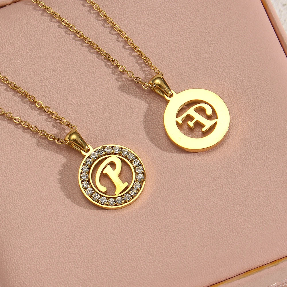 E.B.belle Hollow Round Zircon Paved 26 Alphabet Initial Necklace Ladies Elegant Birthday Gift 18K Gold Plated Letter Necklace