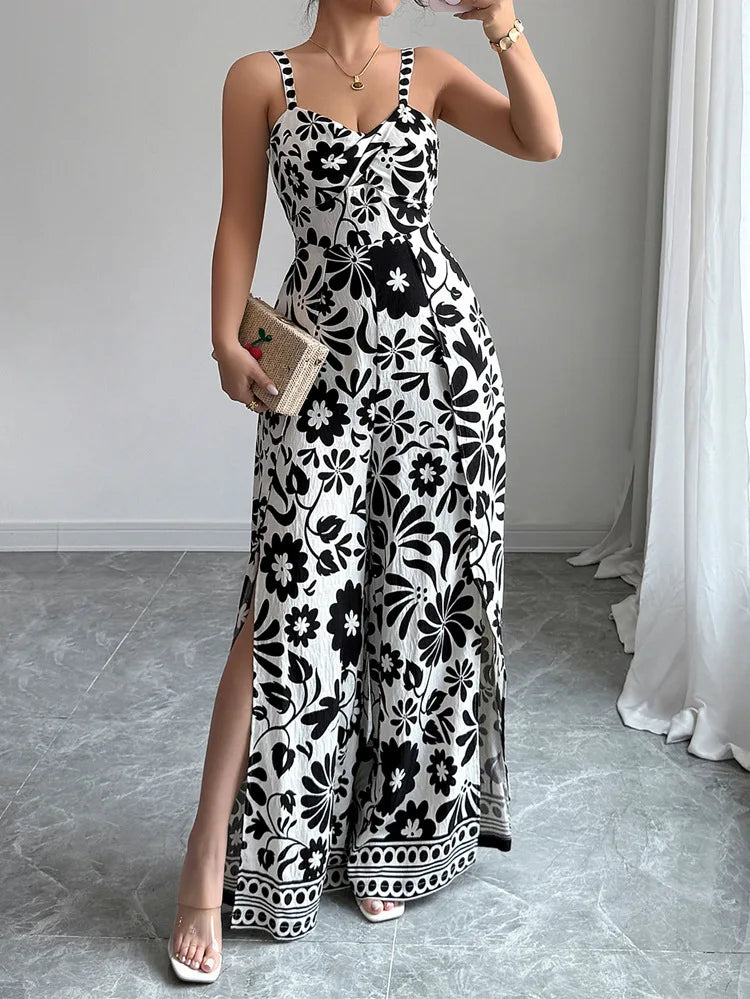 Jumpsuits Sleeveless Women V Neck Print Rompers Wide Leg Length Pants Jumpsuit Sexy High Waist Slight Strech Loose One Piece