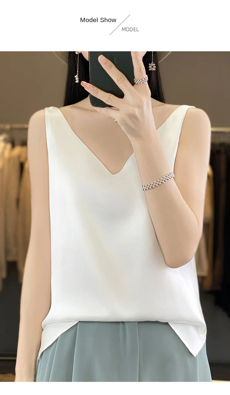 2024 New Silk Satin Women's Tank Top Basic V-neck Multi Color White Black Women's Sleeveless Top Summer Sexy Bottom