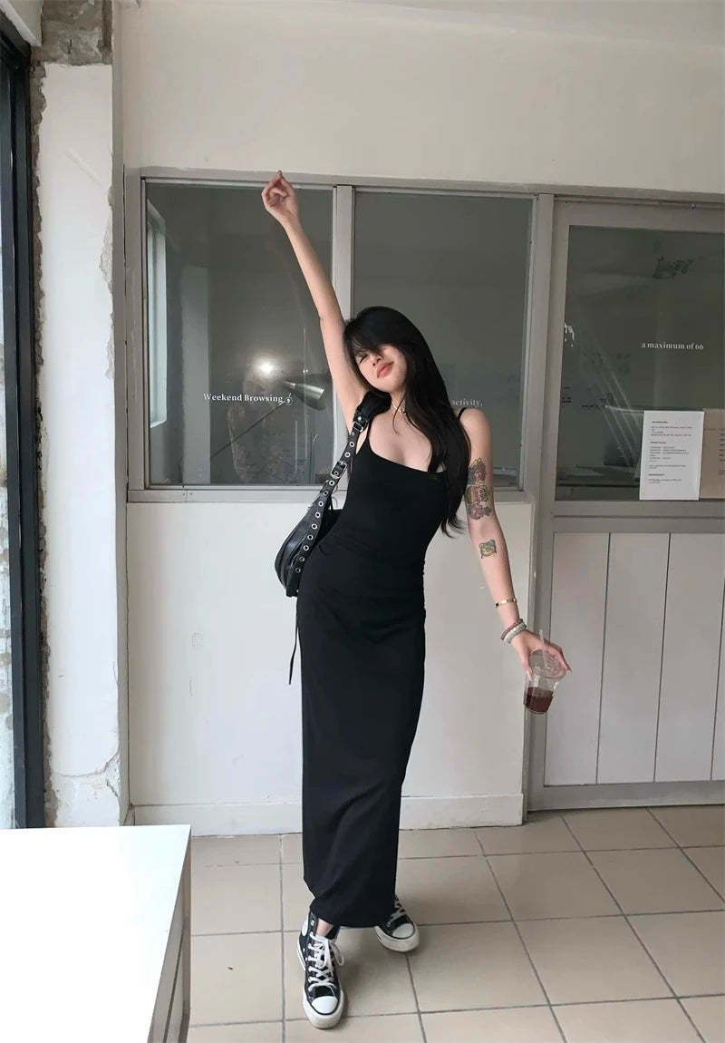 Sexy Spicy Girl Hollow Backless Back Camisole Dress Women's Summer Y2k Clothing Party Bodycon Dresses Split Wrapped Hip Sundress