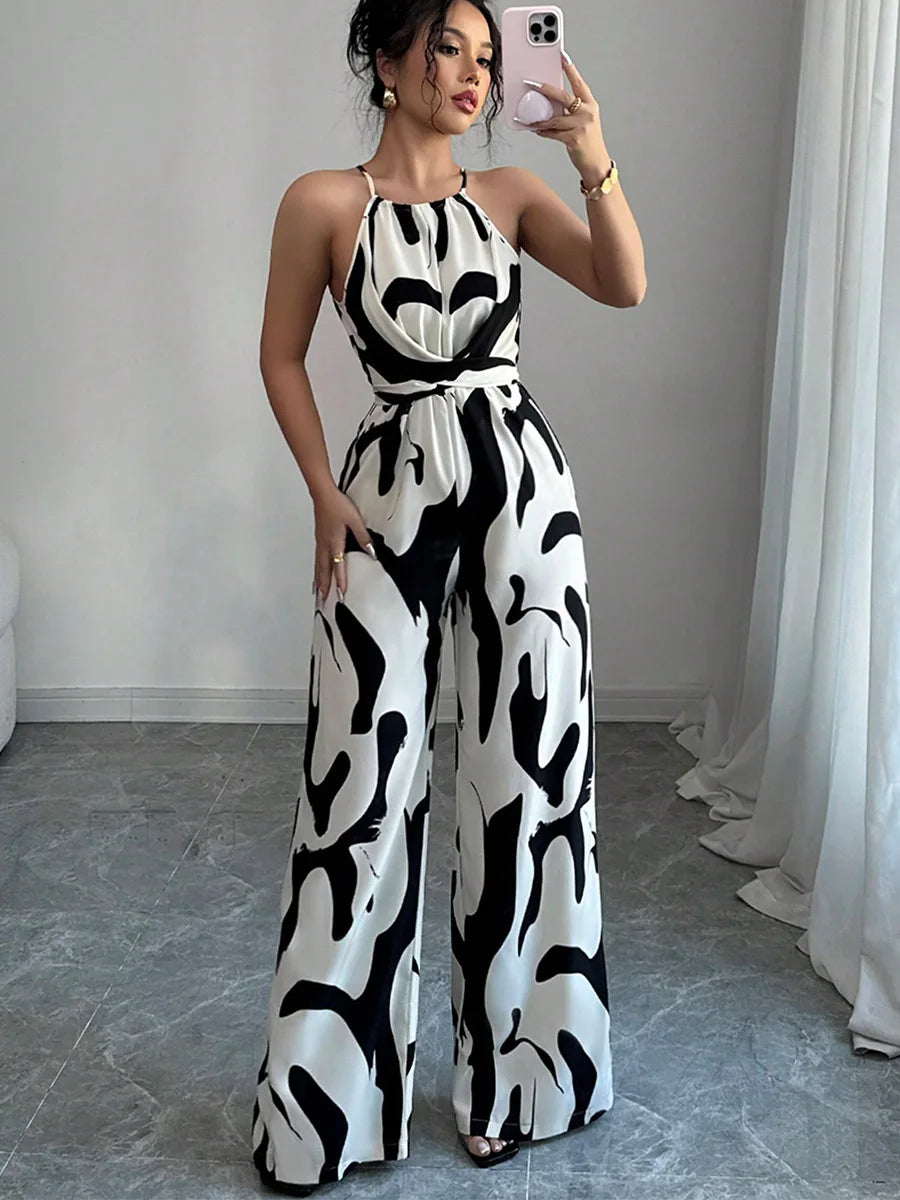 Jumpsuits Women Print One Piece Sleeveless Overalls Wide Leg Long Pants High Waist Rompers Y2k Streetwear Jumpsuit 2025 Party