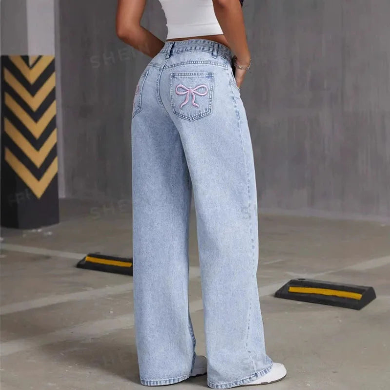 Fashion Retro Bow Embroidered Jeans Women'S Straight Leg Slim Fit Jeans Pants Baggy Y2k Jeans