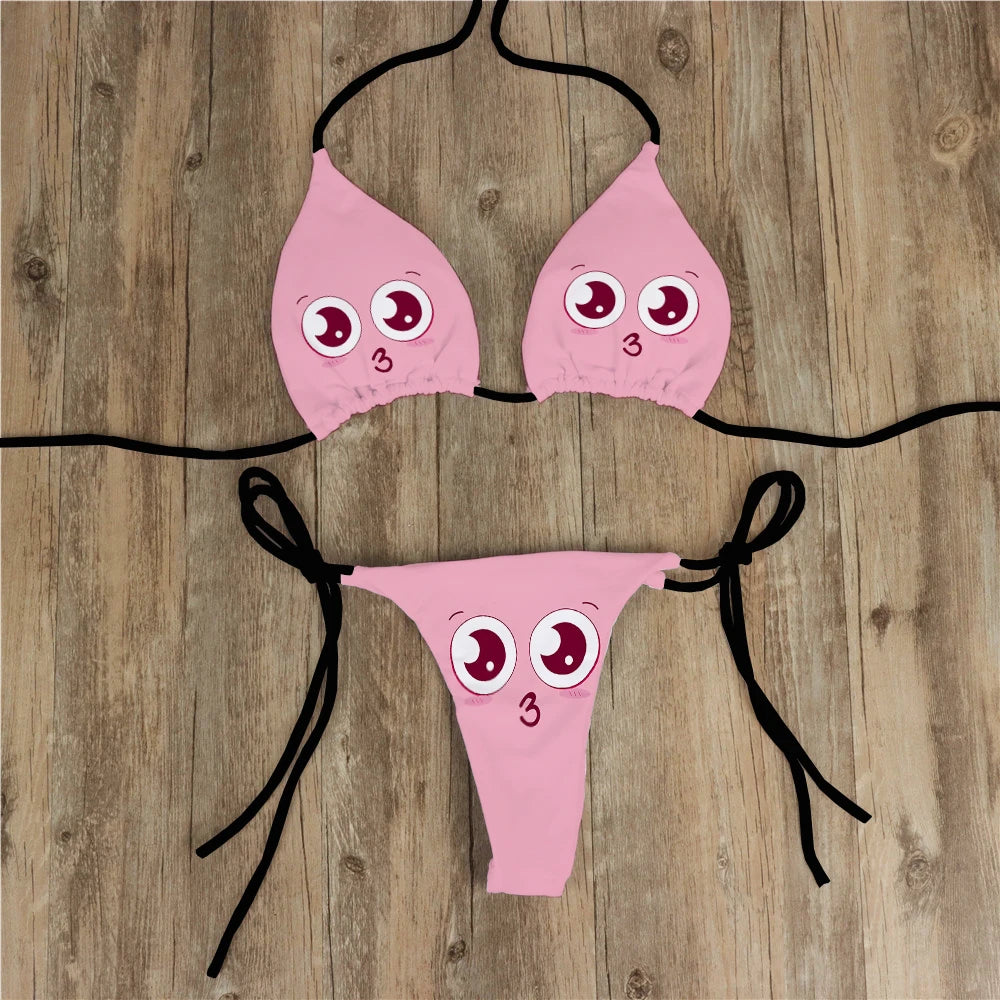 Sexy Bikini Set Yellow Swimsuit Cartoon Print  Fashion Sweet Women's Bra Swimsuit Deep V Summer Beachwear Party Bikini suit